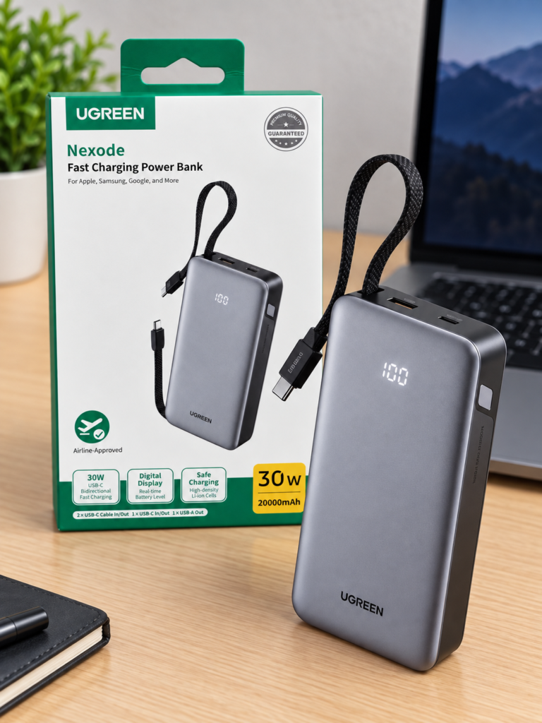 Batería Portátil UGREEN 20,000mAh 30W con Cable Integrado – PB528