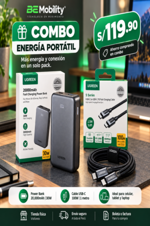 Combo UGREEN Energía Portátil 20,000mAh 30W + Cable 100W