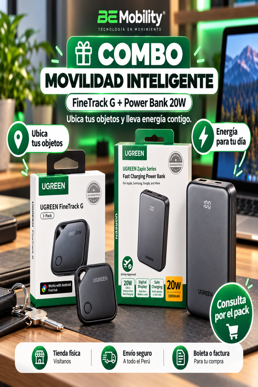 Combo UGREEN Movilidad Inteligente FineTrack G + Power Bank 10,000mAh